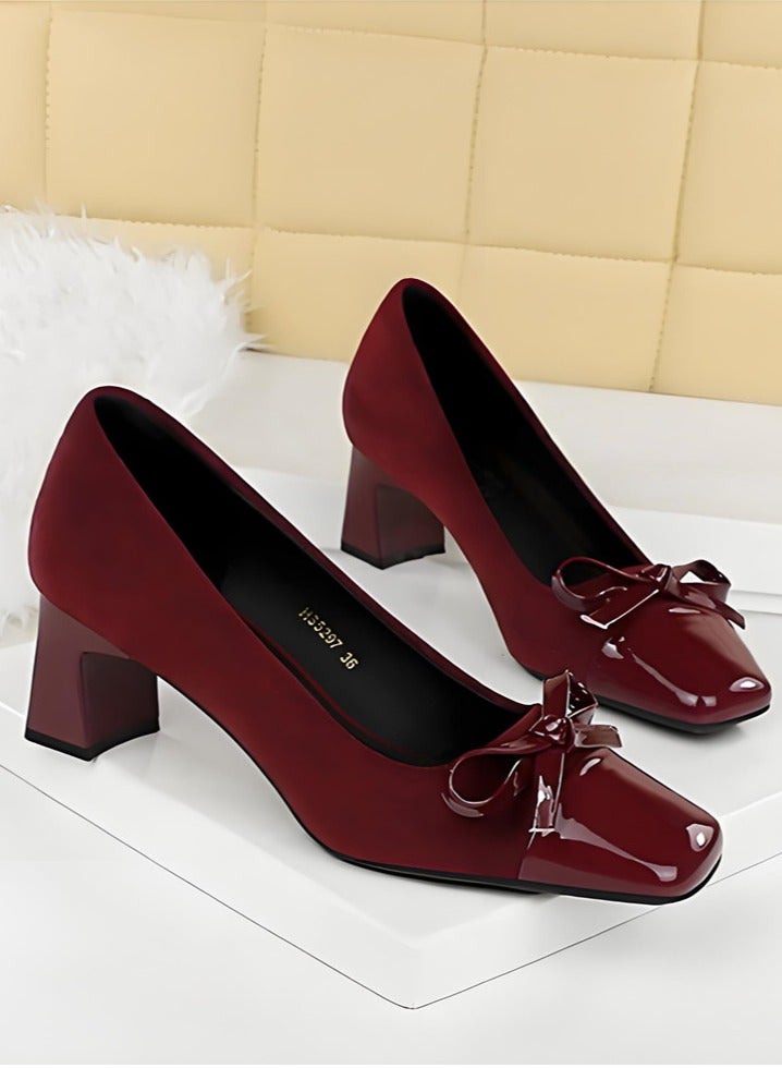 BIGTREE Women's Closed Square Toe Mid Heel Pump Bowknot Decoration Heels Wine Red 5CM - Image 2