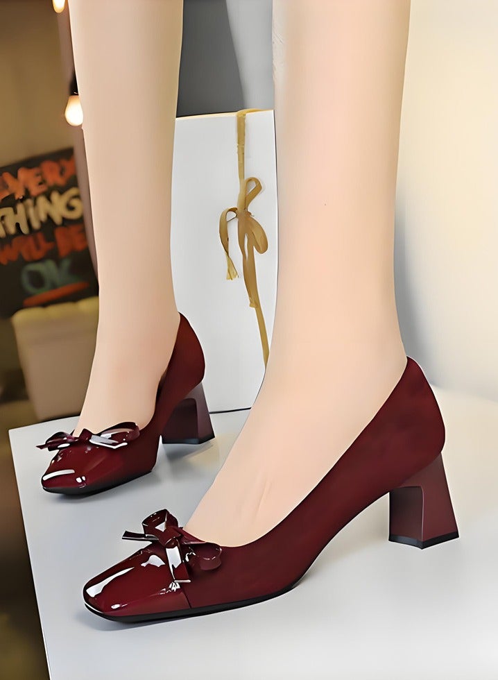 BIGTREE Women's Closed Square Toe Mid Heel Pump Bowknot Decoration Heels Wine Red 5CM - Image 3