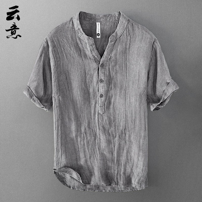 Pure Linen Short-Sleeved T-Shirt Men'S Summer Chinese-Style Loose Thin V-Neck Top Retro Casual Half-Sleeved Linen T-Shirt - Image 1
