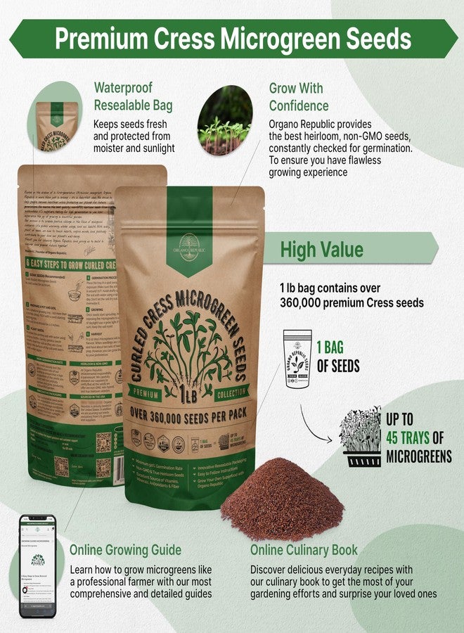 Organo Republic Cress Sprouts & Microgreens Seeds - GMO Heirloom Seed Kit, 1lb Resealable Bag for & Growing Microgreens in Soil, Coir, Aerogarden & Hydroponic System - Image 2