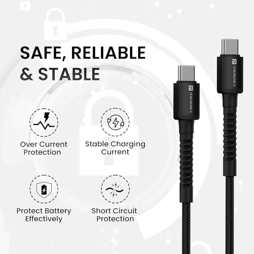Portronics Konnect X 60W Type C to Type C Unbreakable Nylon Braided Cable, 1M Fast Charging Cable for iPhone 15 series, iPad, Samsung Galaxy & other Type C Devices(Black) - Image 2