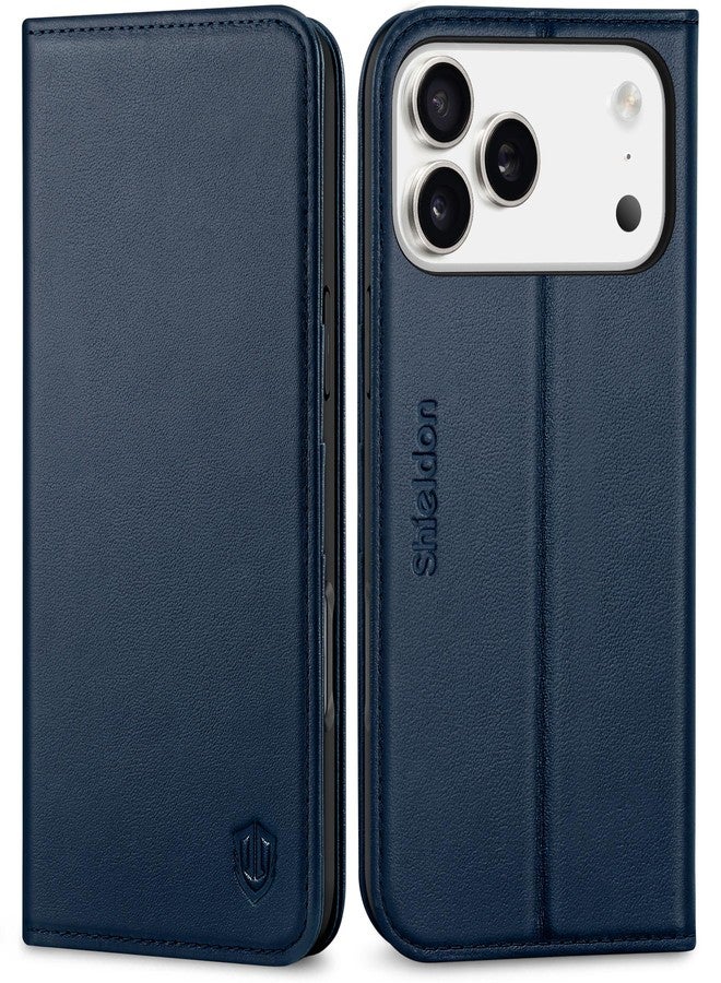 شيلدون جراب محفظة من الجلد الطبيعي من SHIELDON لهاتف iPhone 17 Pro Max بشاشة 6.9 بوصة، يدعم شبكة الجيل الخامس 2025، مزود بتقنية حجب RFID، و3 فتحات للبطاقات، وحامل، وغطاء داخلي من مادة TPU مقاوم للصدمات، وغطاء قلاب مغناطيسي، قابل للطي، وواقي - أزرق داكن - Image 1