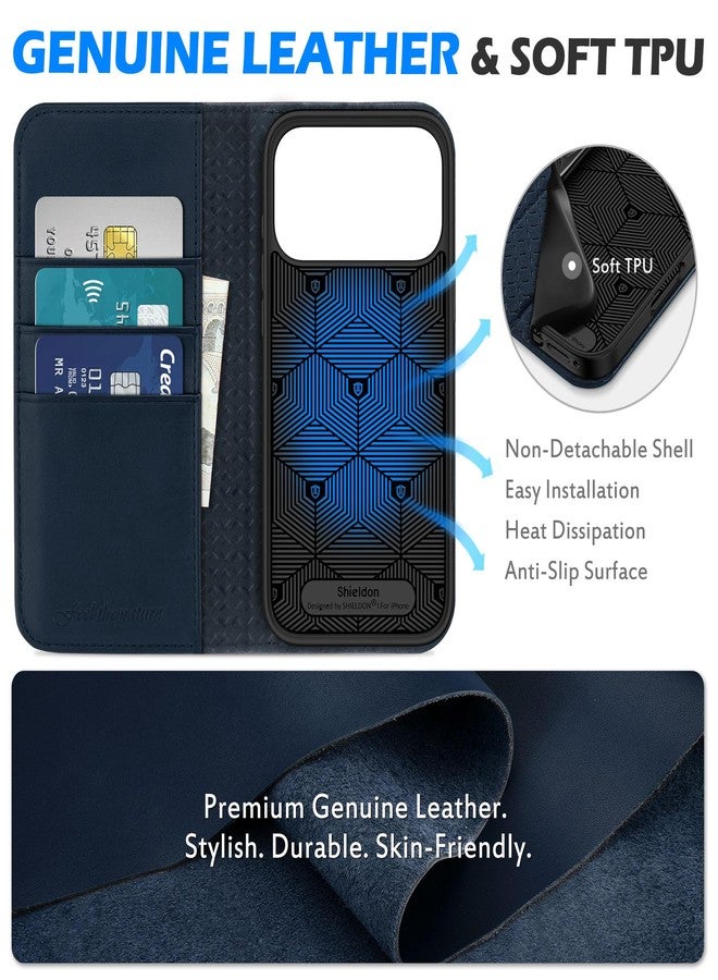 شيلدون جراب محفظة من الجلد الطبيعي من SHIELDON لهاتف iPhone 17 Pro Max بشاشة 6.9 بوصة، يدعم شبكة الجيل الخامس 2025، مزود بتقنية حجب RFID، و3 فتحات للبطاقات، وحامل، وغطاء داخلي من مادة TPU مقاوم للصدمات، وغطاء قلاب مغناطيسي، قابل للطي، وواقي - أزرق داكن - Image 3