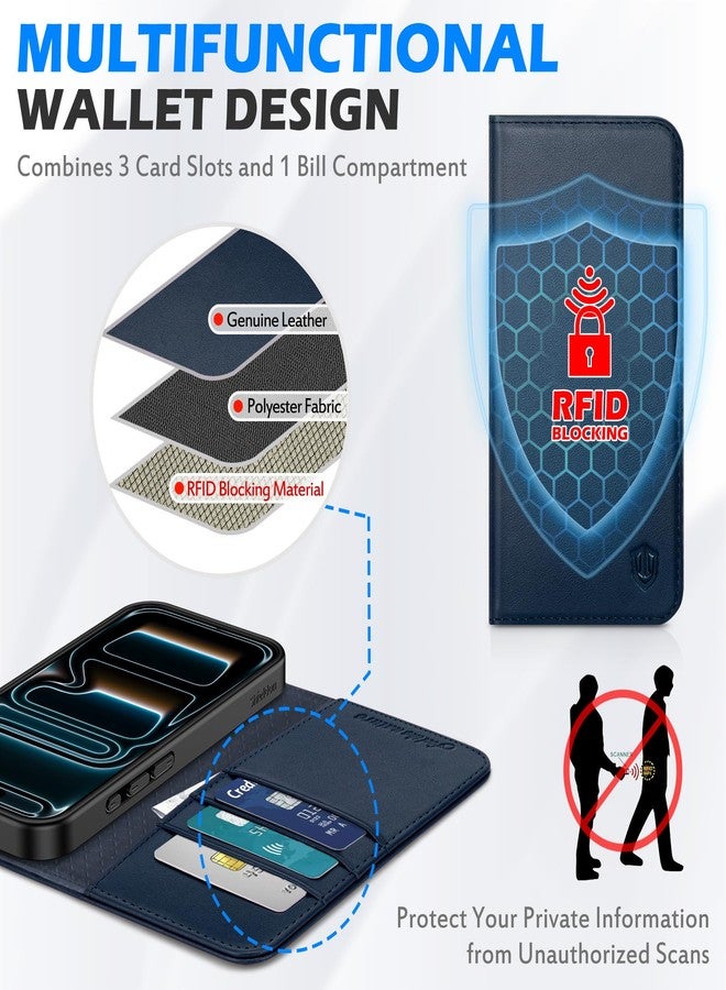 شيلدون جراب محفظة من الجلد الطبيعي من SHIELDON لهاتف iPhone 17 Pro Max بشاشة 6.9 بوصة، يدعم شبكة الجيل الخامس 2025، مزود بتقنية حجب RFID، و3 فتحات للبطاقات، وحامل، وغطاء داخلي من مادة TPU مقاوم للصدمات، وغطاء قلاب مغناطيسي، قابل للطي، وواقي - أزرق داكن - Image 4