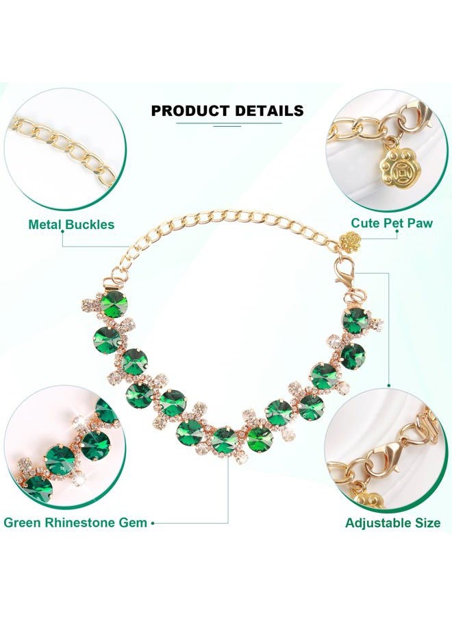 HOWWFALY Dog Cat Rhinestone Collars with Paw Crystal Diamonds Gold Collars Necklace Adjustable Collar Dog Chain Cat Diamonds Princess Pet Collar (Green, S) - Image 3