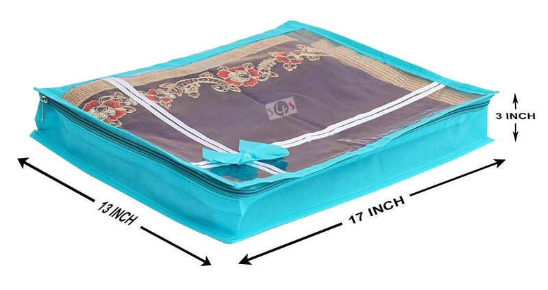S4S S4S 3 Piece Non Woven Transparent View Flower Design Attractive bow Saree Cover Bag with Stainless Steel Zip Lock Cloth Cover Wardrobe Organizer GREEN - Image 3