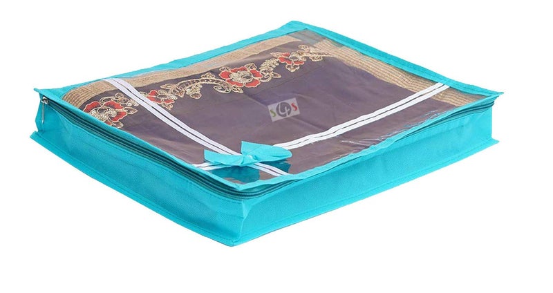 S4S S4S 3 Piece Non Woven Transparent View Flower Design Attractive bow Saree Cover Bag with Stainless Steel Zip Lock Cloth Cover Wardrobe Organizer GREEN - Image 4