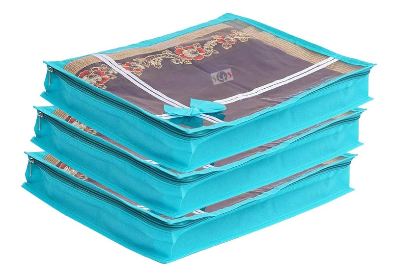 S4S S4S 3 Piece Non Woven Transparent View Flower Design Attractive bow Saree Cover Bag with Stainless Steel Zip Lock Cloth Cover Wardrobe Organizer GREEN - Image 1