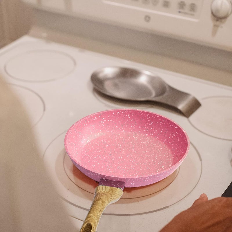 Innerwell Frying Pan Nonstick, 9.5 Inch Pink Egg Pan, Non Stick Fry Pan 100% PTFE PFOA-Free Omelet Skillet Pan, Toxin-Free Skillets Stone Cookware, Anti-Warp Base with All Stove Tops, Induction Compatible - Image 5