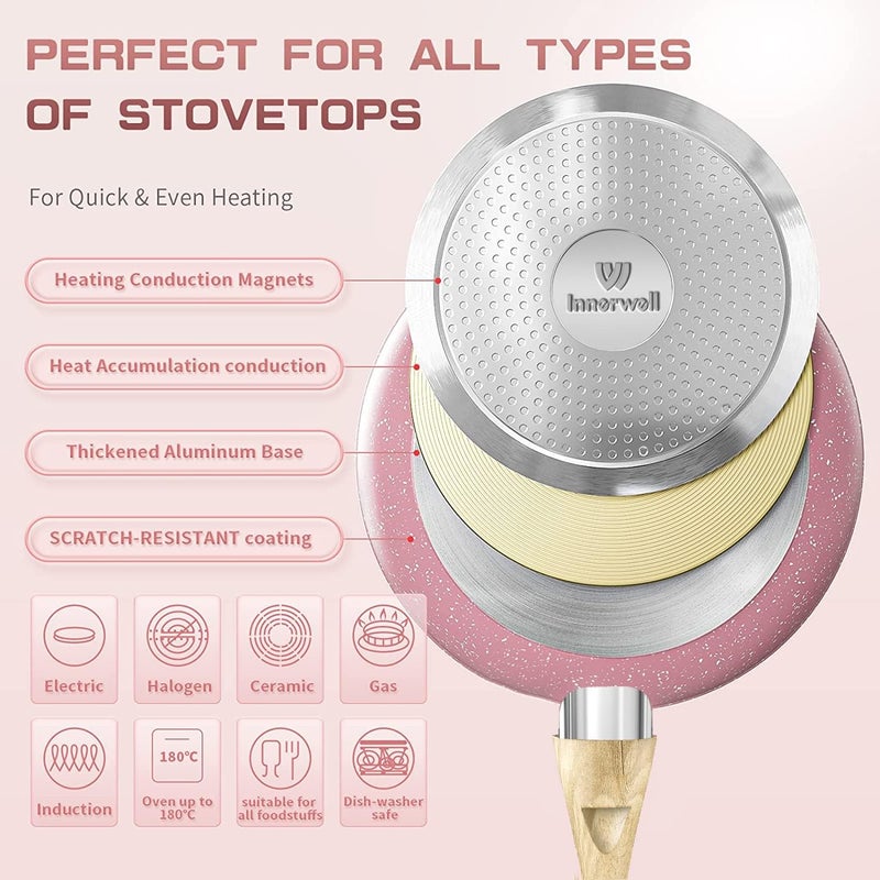 Innerwell Frying Pan Nonstick, 9.5 Inch Pink Egg Pan, Non Stick Fry Pan 100% PTFE PFOA-Free Omelet Skillet Pan, Toxin-Free Skillets Stone Cookware, Anti-Warp Base with All Stove Tops, Induction Compatible - Image 4