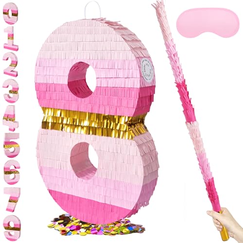 PCFING 20 Inch Number 8 Piata Pink Gold with 30 Inch Piata Stick Blindfold Confetti for Boys Girls Adults Birthday Party Decorations Anniversary Celebration Fiesta - Image 1