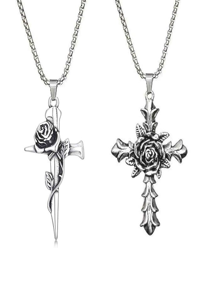 FFZDENA 2PCS Necklace for Men, Holy Cross Jesus Chain for Men, Christian Cross Pendant, Gothic Punk Jewelry, Religious Gift for Couples, Chain for Mens with Rose Design (Silvery) - Image 1