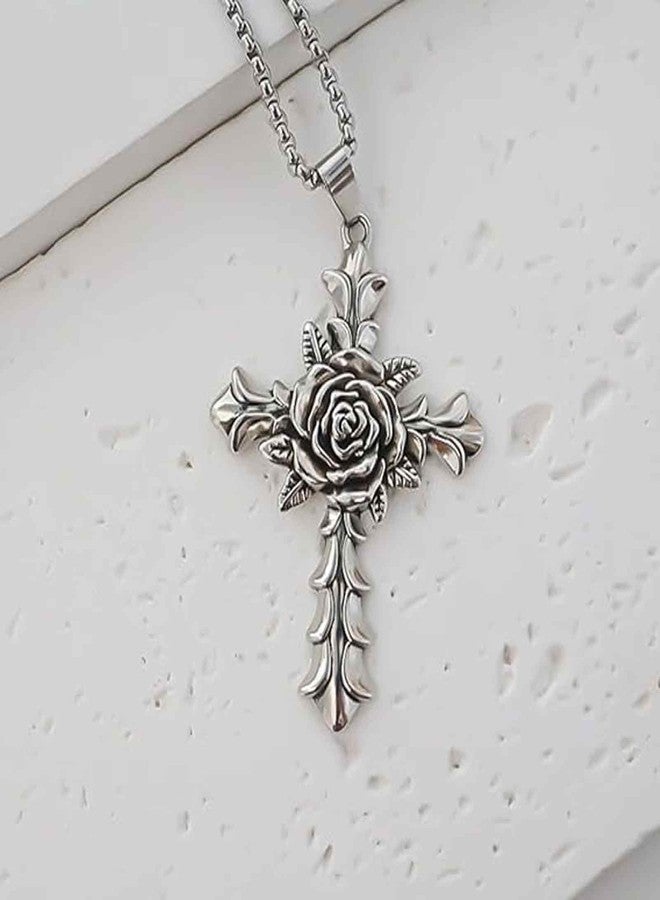 FFZDENA 2PCS Necklace for Men, Holy Cross Jesus Chain for Men, Christian Cross Pendant, Gothic Punk Jewelry, Religious Gift for Couples, Chain for Mens with Rose Design (Silvery) - Image 3