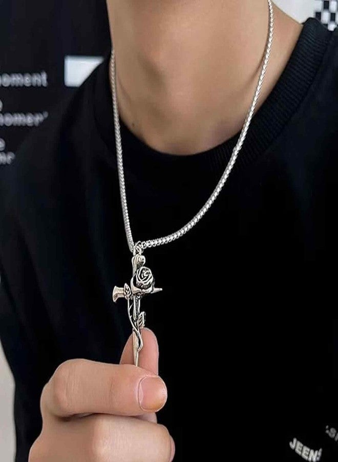 FFZDENA 2PCS Necklace for Men, Holy Cross Jesus Chain for Men, Christian Cross Pendant, Gothic Punk Jewelry, Religious Gift for Couples, Chain for Mens with Rose Design (Silvery) - Image 5