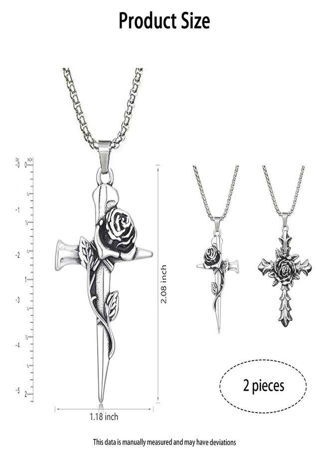FFZDENA 2PCS Necklace for Men, Holy Cross Jesus Chain for Men, Christian Cross Pendant, Gothic Punk Jewelry, Religious Gift for Couples, Chain for Mens with Rose Design (Silvery) - Image 2