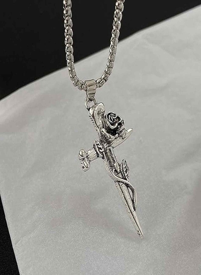 FFZDENA 2PCS Necklace for Men, Holy Cross Jesus Chain for Men, Christian Cross Pendant, Gothic Punk Jewelry, Religious Gift for Couples, Chain for Mens with Rose Design (Silvery) - Image 4