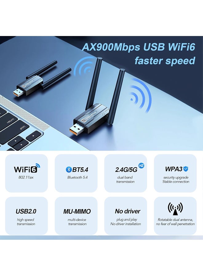 إكس ليفيل محول واي فاي 6 لاسلكي USB لأجهزة الكمبيوتر - محول USB AX900M ثنائي النطاق 5/2.4 جيجاهرتز، مستقبل شبكة لاسلكية خارجي لأجهزة الكمبيوتر المكتبية واللاب توب، محول لاسلكي ثنائي النطاق، دونجل واي فاي لأنظمة ويندوز 7/10/11، محول شبكة لاسلكية لأجهزة الكمبيوتر (أسود) - Image 2
