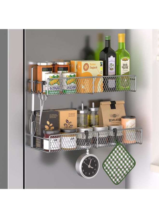 DTUQYX Magnetic Spice Rack for Refrigerator, 2 Pack Metal Magnetic Shelf Grey, Moveable Spice Organizer with Hooks, Super Magnetic Fridge Shelf for Kitchen Organization and Storage - Image 1