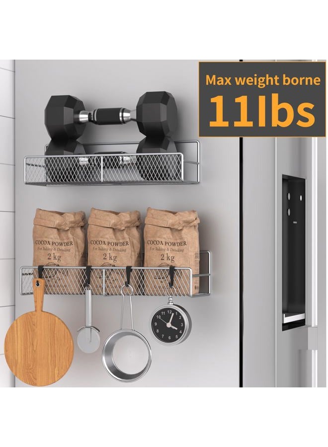 DTUQYX Magnetic Spice Rack for Refrigerator, 2 Pack Metal Magnetic Shelf Grey, Moveable Spice Organizer with Hooks, Super Magnetic Fridge Shelf for Kitchen Organization and Storage - Image 4
