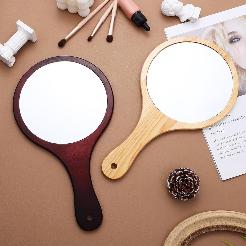 2pcs Large Handheld Wood Mirrors with Wooden Handles Portable Travel Makeup Mirrors Stylish Round Hand for Personal Beauty and Cosmetic Use - Image 4