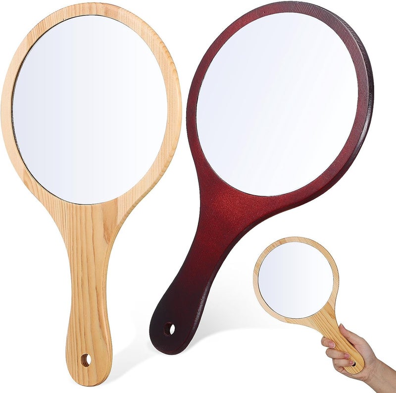 2pcs Large Handheld Wood Mirrors with Wooden Handles Portable Travel Makeup Mirrors Stylish Round Hand for Personal Beauty and Cosmetic Use - Image 1