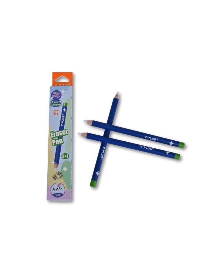 Y-PLUS+ Eraser Pen Set - 3 Blue Pens with Sharpener - Non-Toxic - Image 1