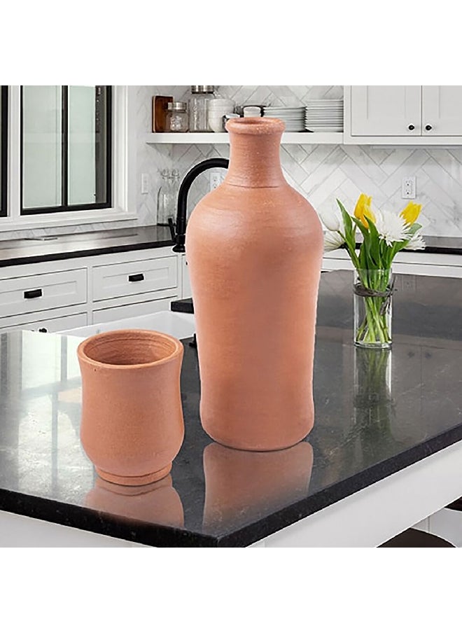 Elizi 2-Piece Handmade Heat-Resistant and Durable Clay Bottle and Cup Set Brown 24 x 8 x 8 cm EL-421  - Image 2