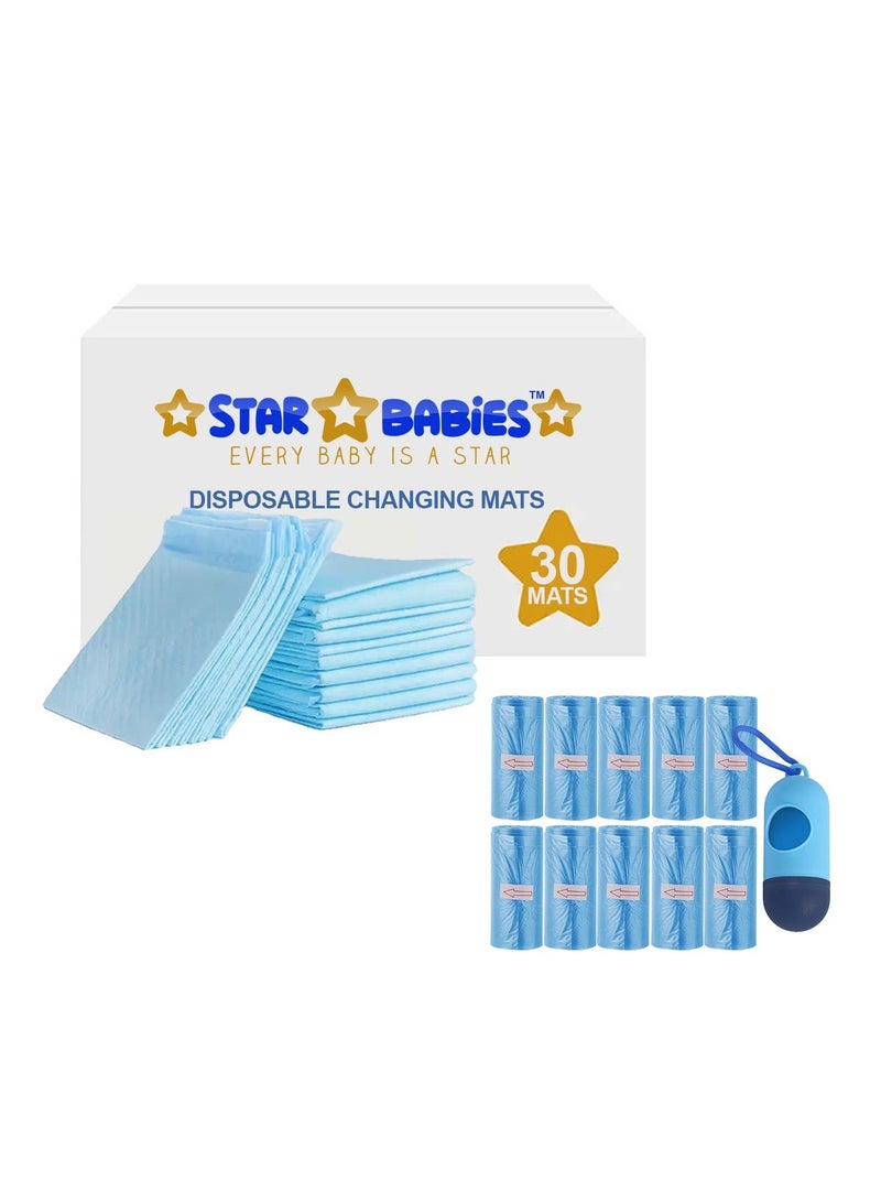 STAR BABiES Combo Pack  (Scented Bag 10pcs w/Dispenser, Disposable changing mat 30pcs)-Blue  - Image 1