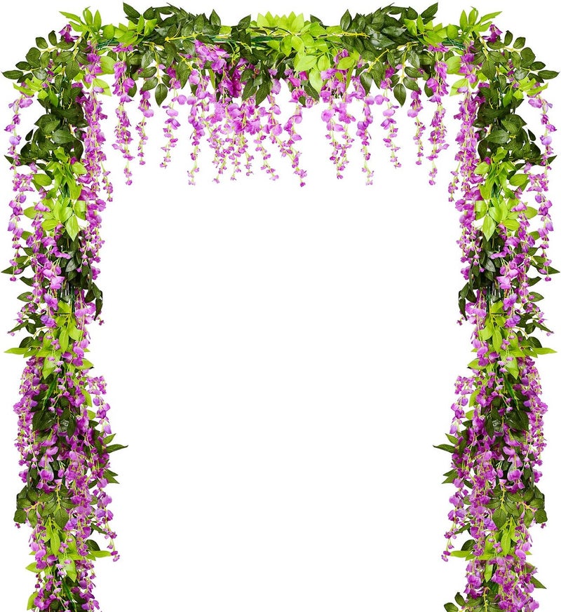 Lvydec Wisteria Artificial Flowers Garland, 4 Pcs Total 28.8ft Artificial Wisteria Vine Silk Hanging Flower for Home Garden Outdoor Ceremony Wedding Arch Floral Decor (Purplish Red) - Image 1