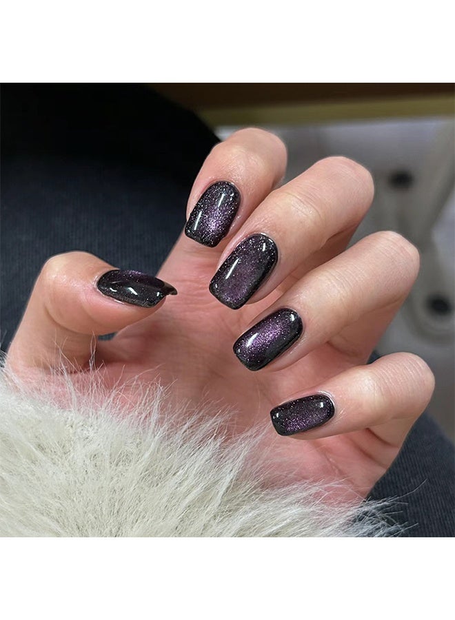 أظافر صناعية مربعة اللون الصلب قابلة للضغط، أظافر أكريليك قابلة للصق بالغراء، أظافر أرجوانية سحرية مع تصميمات لامعة، مقاومة لتغير اللون للفتيات، 24 قطعة، أظافر اصطناعية لامعة للارتداء على الأظافر - Image 1