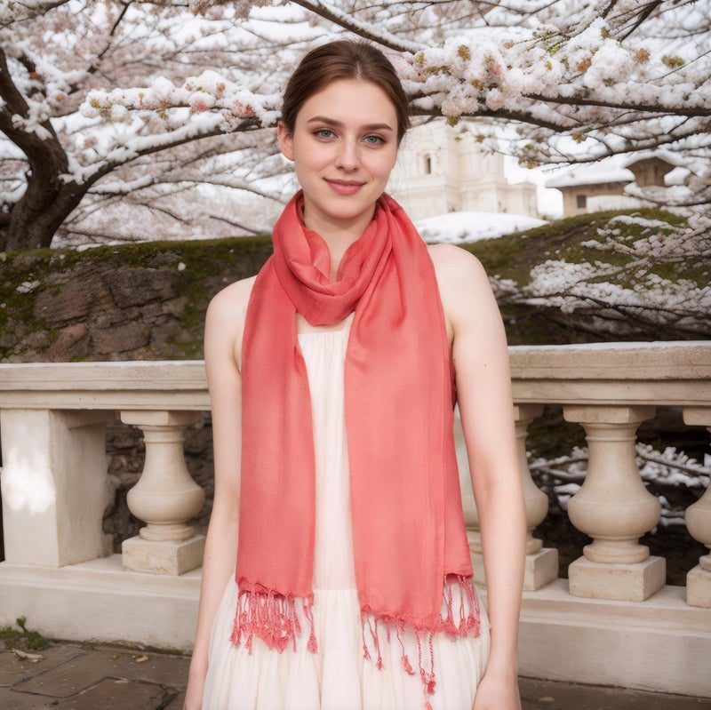 Achillea Large Soft Silky Pashmina Shawl Wrap Scarf in Solid Colors (Coral Pink) - Image 2