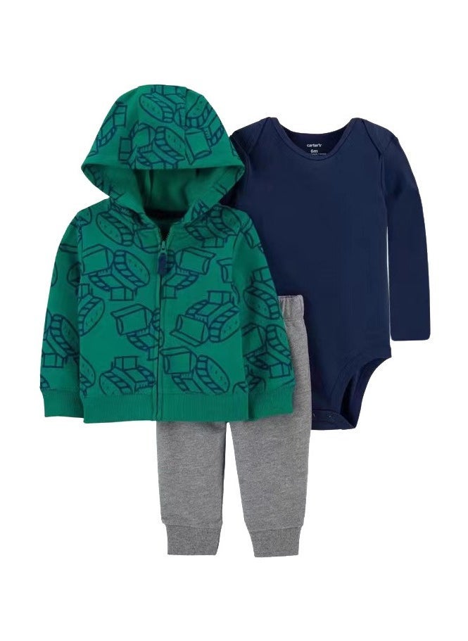 RedMapleTEK Boys And Girls Baby Sweater Jacket Hooded Coat Long-Sleeved Jumpsuit Baby Three-Piece Set - Image 1