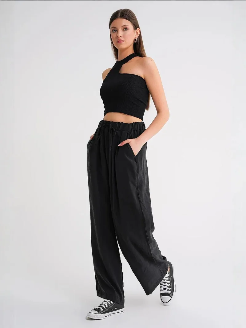 MixRay Black Mixray High Waist Modal Pleated Palazzo Pants with Drawstring for Women | Best Price UAE