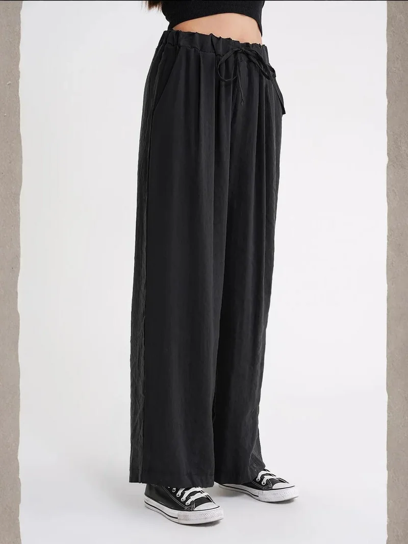 MixRay Black Mixray High Waist Modal Pleated Palazzo Pants with Drawstring for Women | Best Price UAE