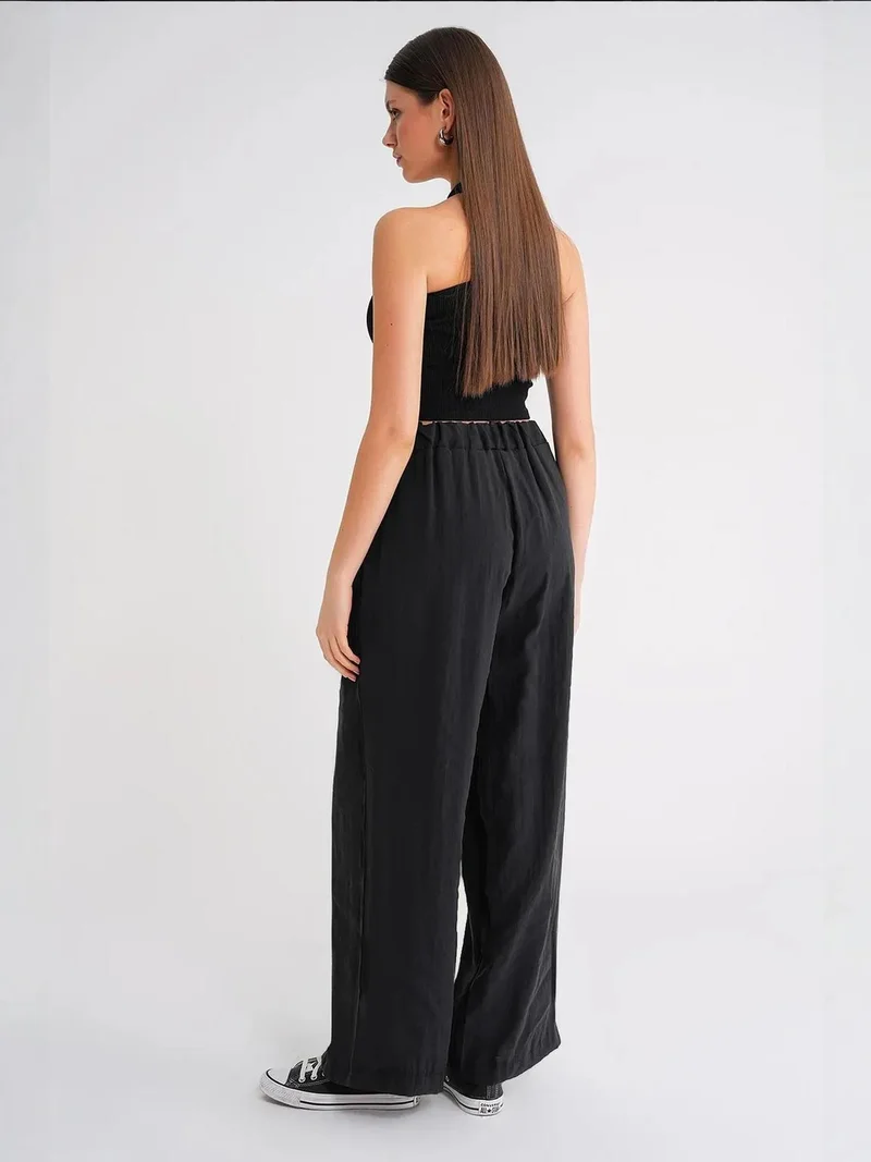 MixRay Black Mixray High Waist Modal Pleated Palazzo Pants with Drawstring for Women | Best Price UAE