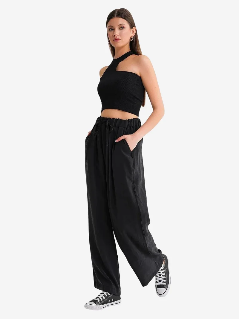 Mixray Black Mixray High Waist Modal Pleated Palazzo Pants with Drawstring for Women | Best Price UAE