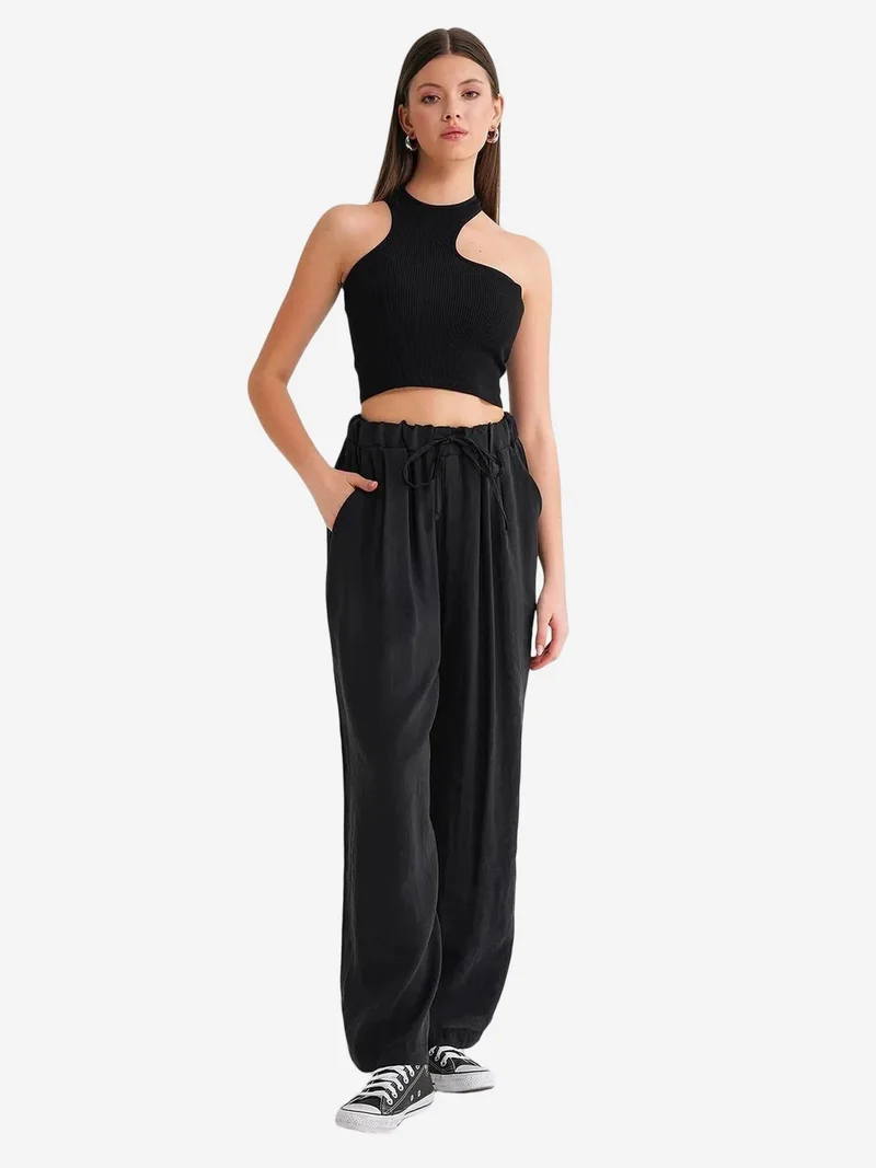 Mixray Black Mixray High Waist Modal Pleated Palazzo Pants with Drawstring for Women | Best Price UAE
