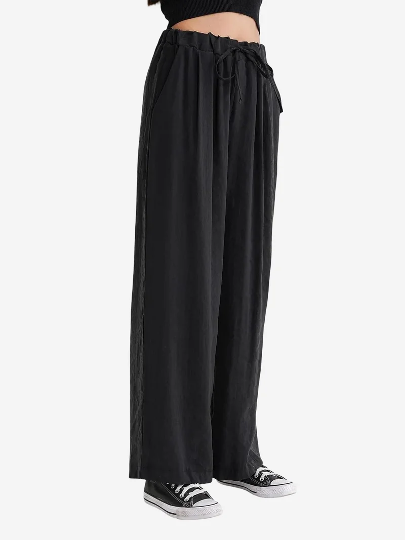 Mixray Black Mixray High Waist Modal Pleated Palazzo Pants with Drawstring for Women | Best Price UAE