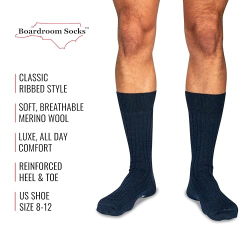 BoardroomSocks Merino Wool Mid-Calf Dress Socks for Men, Ribbed Dress Socks, Midnight Navy - Image 3