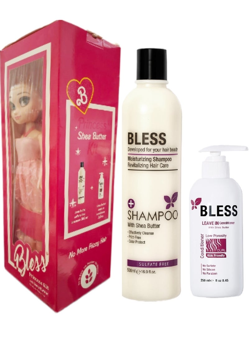 Bless Shea Butter Sulfate Free Shampoo 300ml & Shea Butter Conditioner 250ml Princess Kit + Doll Gift (Packaging may Vary)  - Image 1