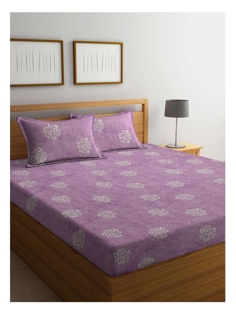 KLOTTHE Purple Floral 400 TC Pure Cotton Fitted Double Bedsheet with 2 Pillow Covers - Image 1