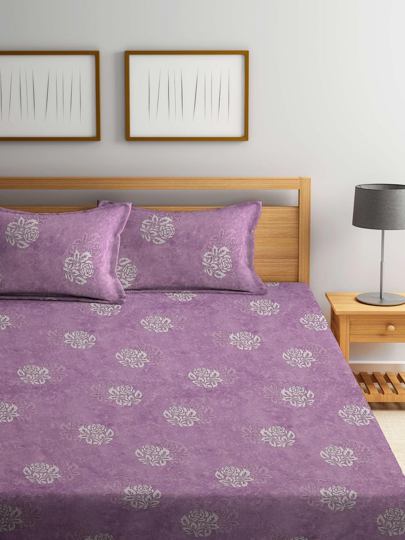 KLOTTHE Purple Floral 400 TC Pure Cotton Fitted Double Bedsheet with 2 Pillow Covers - Image 2