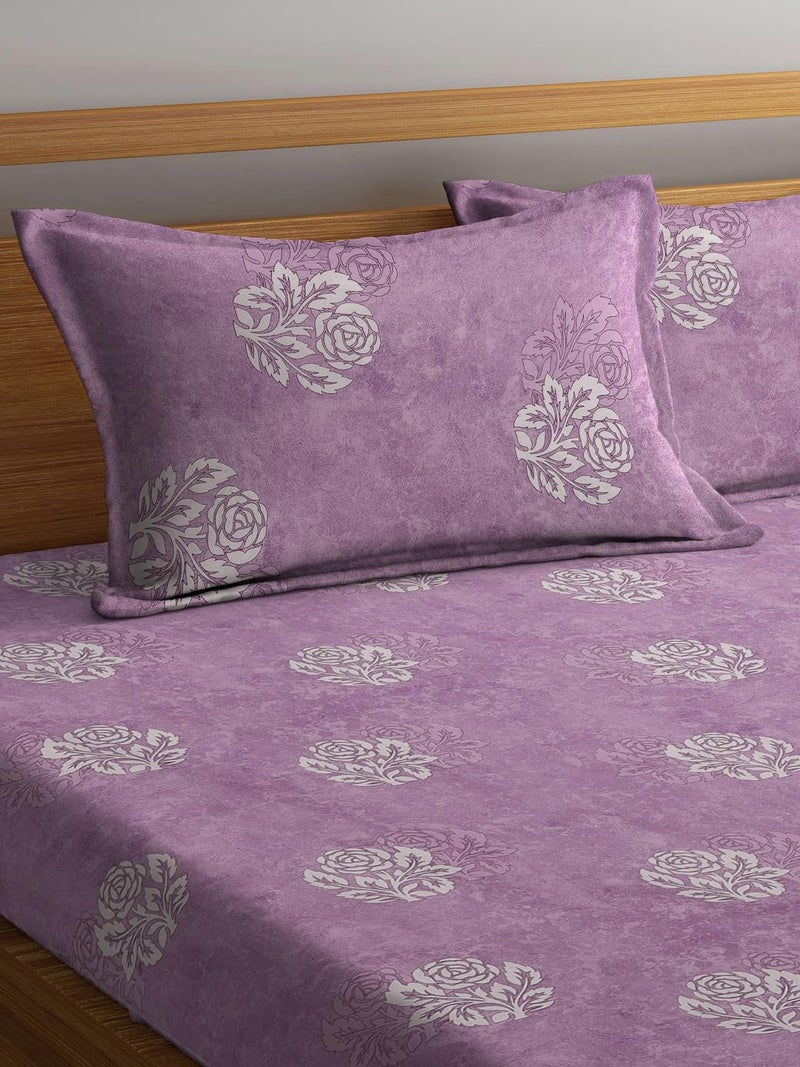 KLOTTHE Purple Floral 400 TC Pure Cotton Fitted Double Bedsheet with 2 Pillow Covers - Image 3