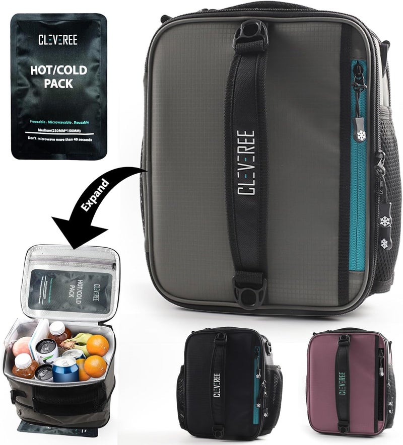 CLEVEREE Expandable Insulated Lunch Bag, Adjustable Strap, Unisex, with Cooler Leakproof Bag, 11.5 L, Grey - Image 1