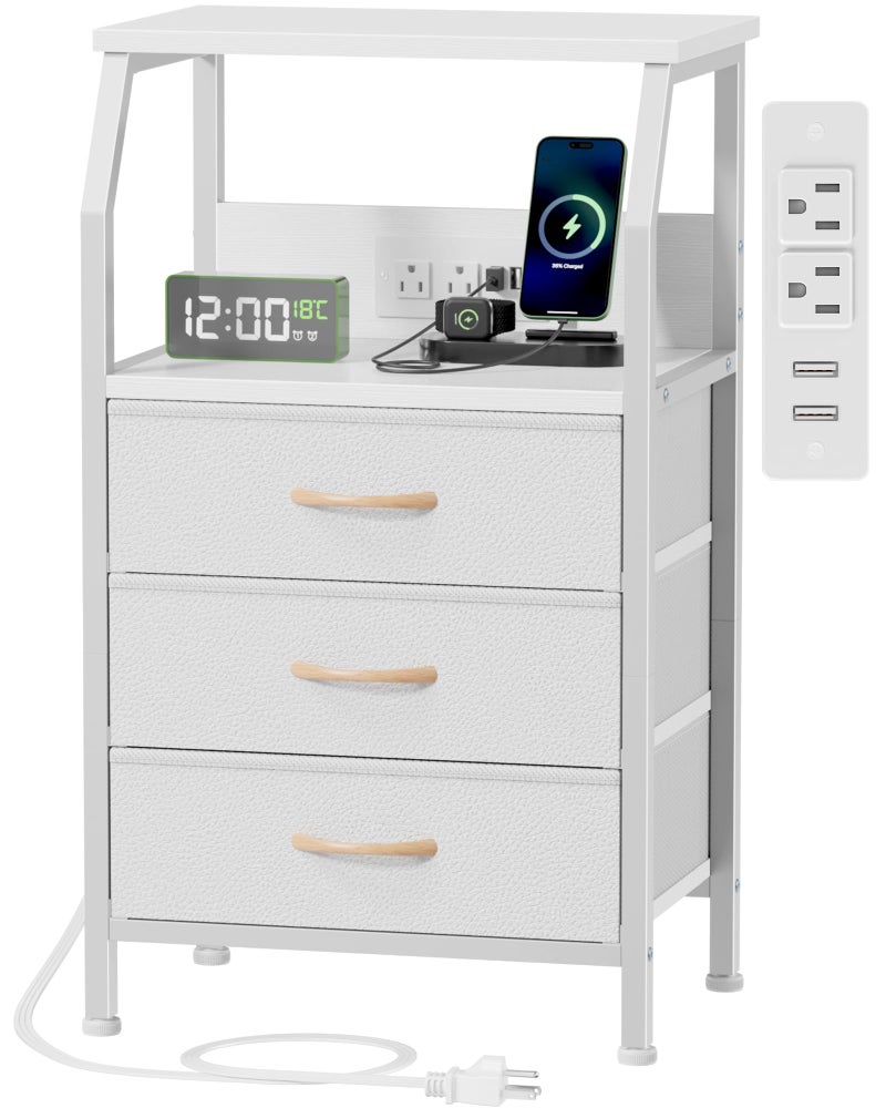 Furnulem Night Stand with Charging Station, 28.3 Inch Tall Bedside Table with PVC Drawers, End Table with USB Ports and Outlets, 3 Fabric Drawer Storage Nightstand for Bedroom, 3 Ways to Use, White - Image 1