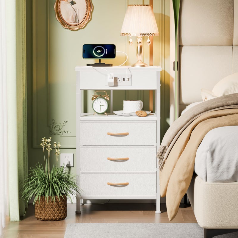 Furnulem Night Stand with Charging Station, 28.3 Inch Tall Bedside Table with PVC Drawers, End Table with USB Ports and Outlets, 3 Fabric Drawer Storage Nightstand for Bedroom, 3 Ways to Use, White - Image 2