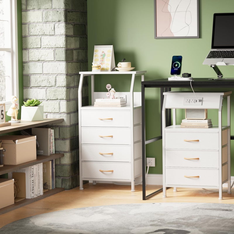 Furnulem Night Stand with Charging Station, 28.3 Inch Tall Bedside Table with PVC Drawers, End Table with USB Ports and Outlets, 3 Fabric Drawer Storage Nightstand for Bedroom, 3 Ways to Use, White - Image 5