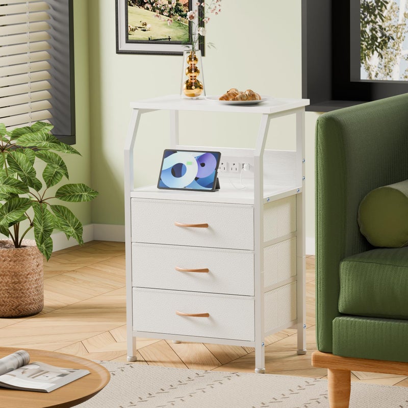 Furnulem Night Stand with Charging Station, 28.3 Inch Tall Bedside Table with PVC Drawers, End Table with USB Ports and Outlets, 3 Fabric Drawer Storage Nightstand for Bedroom, 3 Ways to Use, White - Image 4