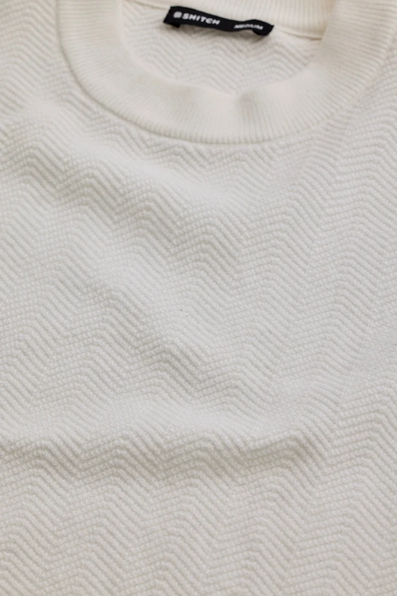 سنيتش White Textured Long Sleeve Regular Fit Casual Sweater