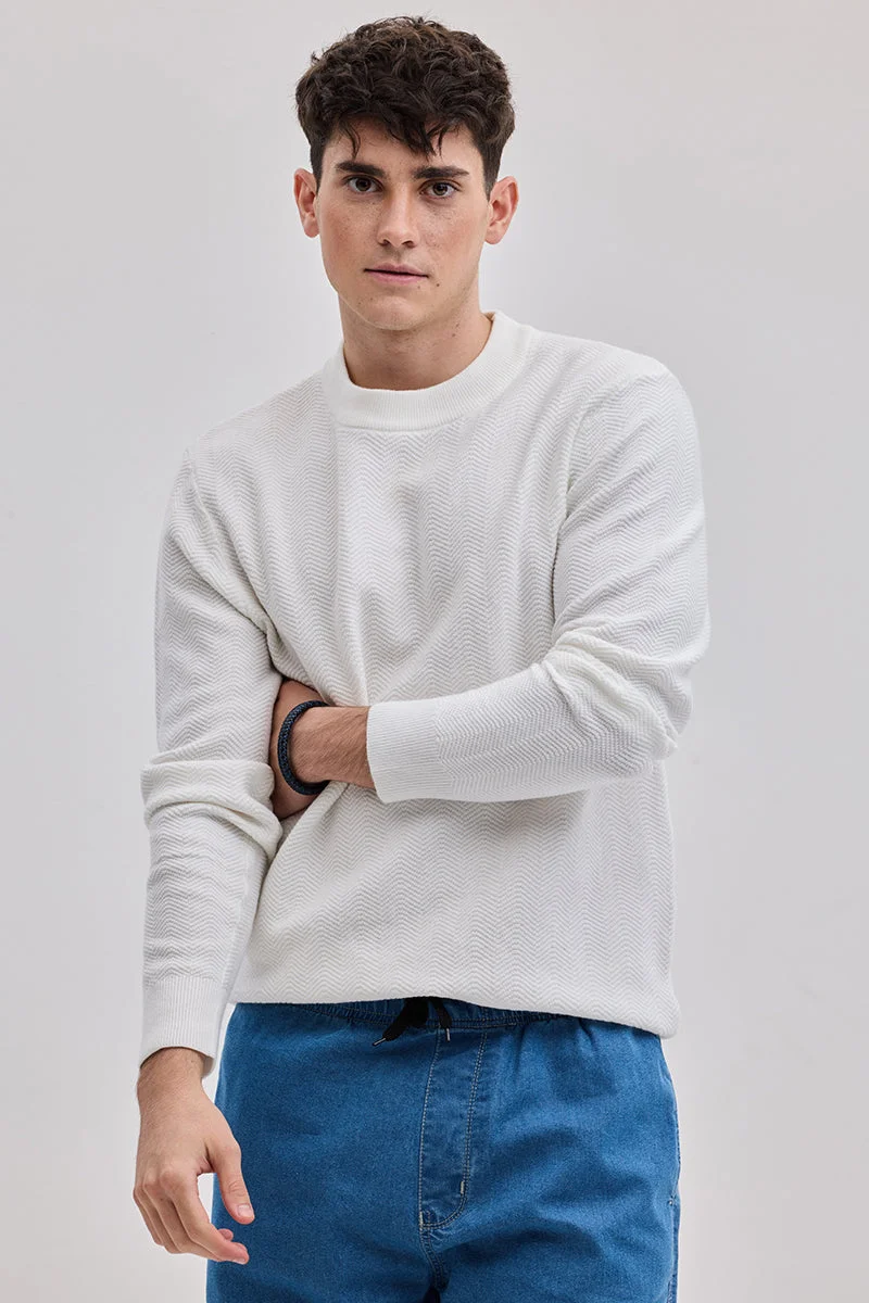 سنيتش White Textured Long Sleeve Regular Fit Casual Sweater